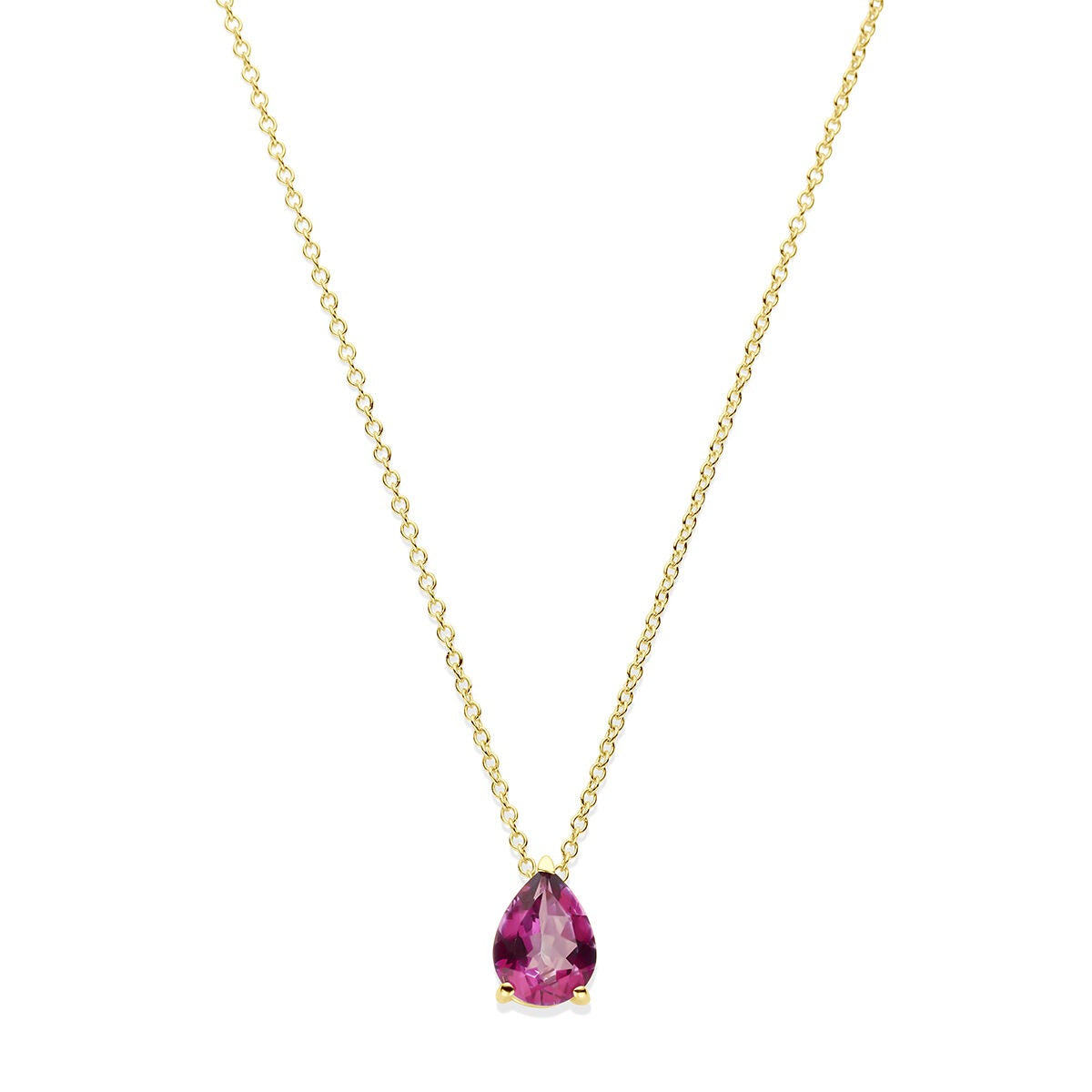 Geelgouden collier met een druppelvormige roze topaas aan een fijne ketting.