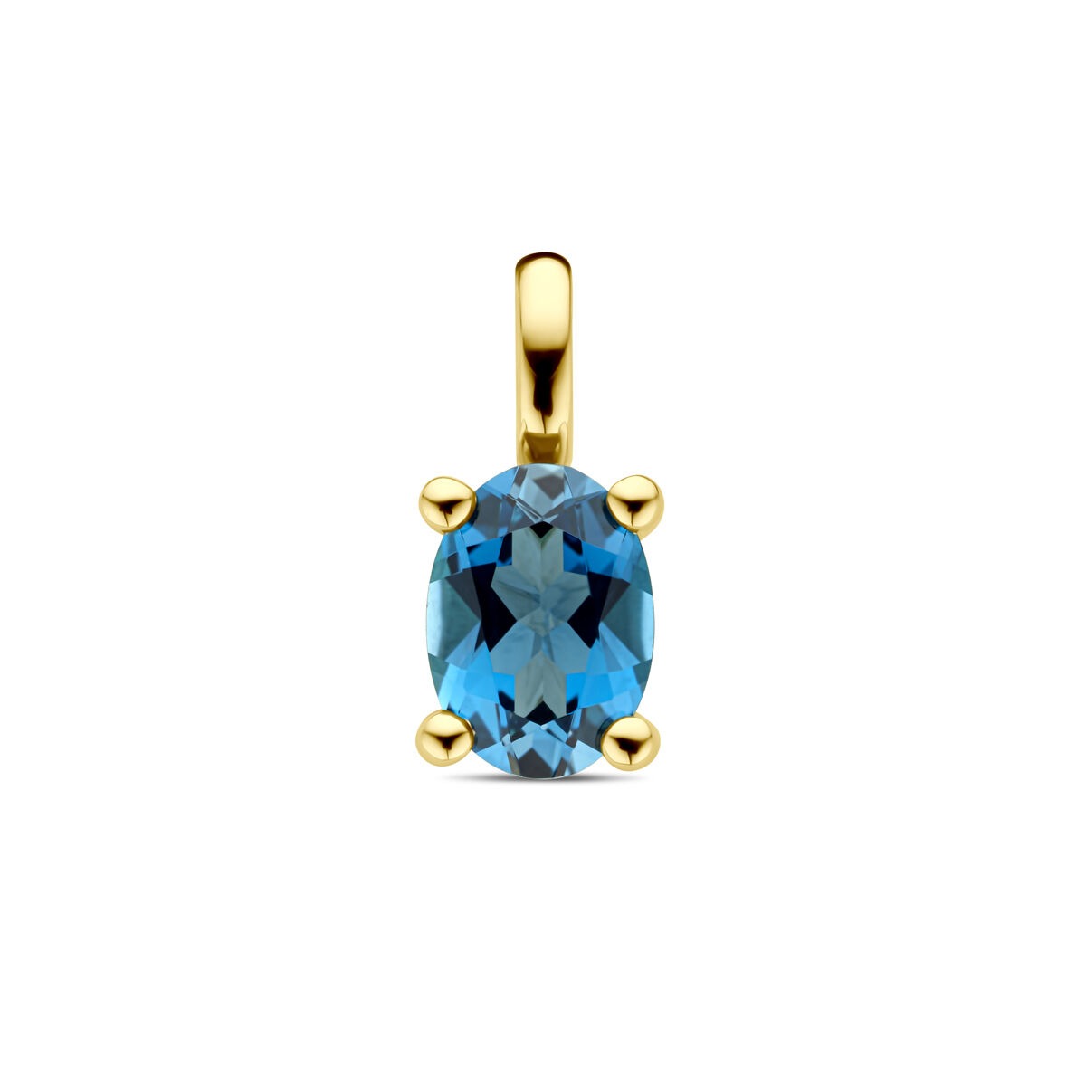 Geelgouden hanger met een ovale London Blue topaas, gezet in vier gouden klauwen.