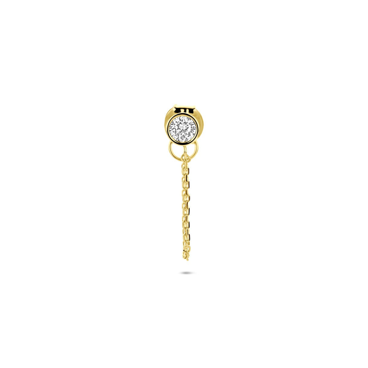 Geelgouden oorknop met zirkonia, voorzien van een hangende ketting.