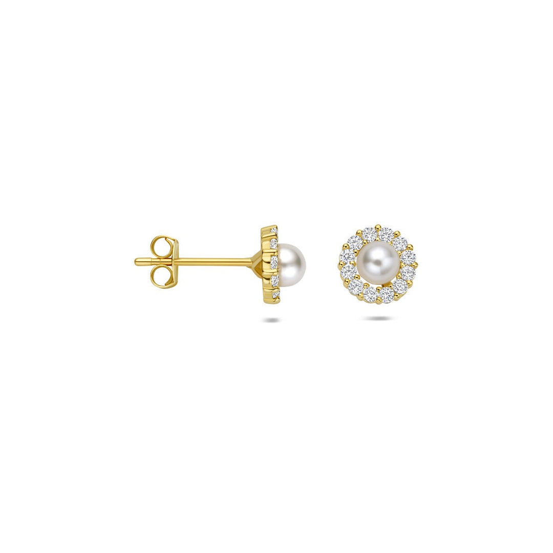 Gouden oorknoppen met zoetwaterparel en zirkonia – 14k