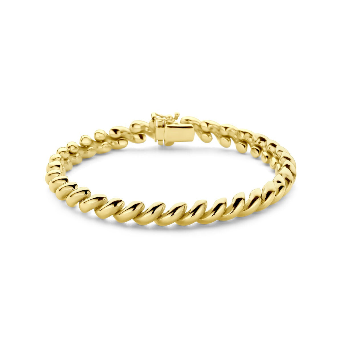 Geelgouden San Marco armband met bakslot en gedraaide schakelstructuur.