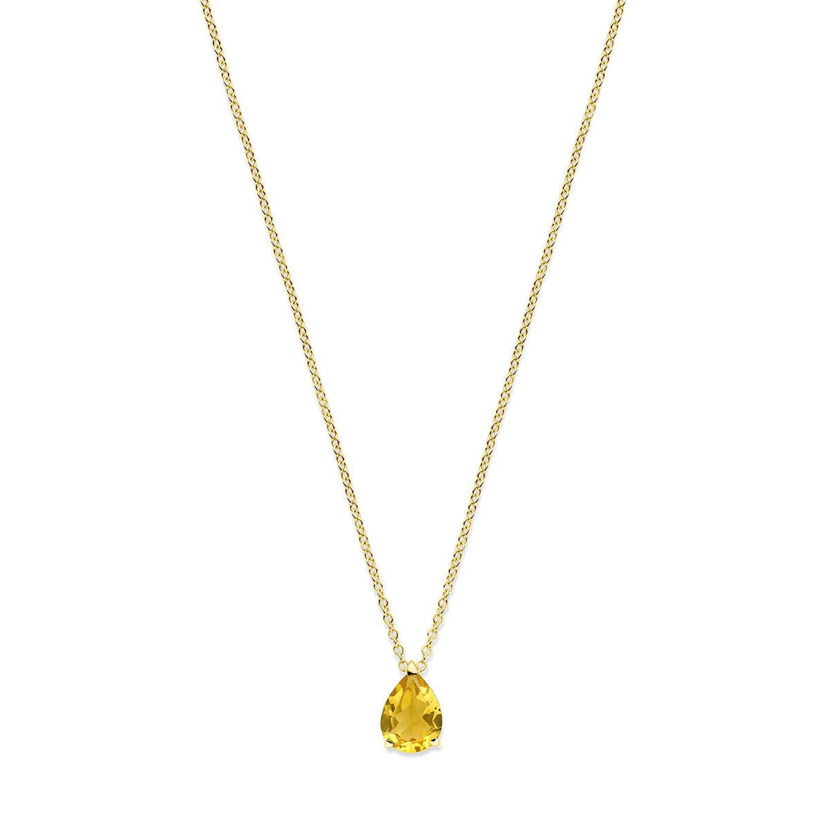 Geelgouden collier met een druppelvormige citrien hanger.