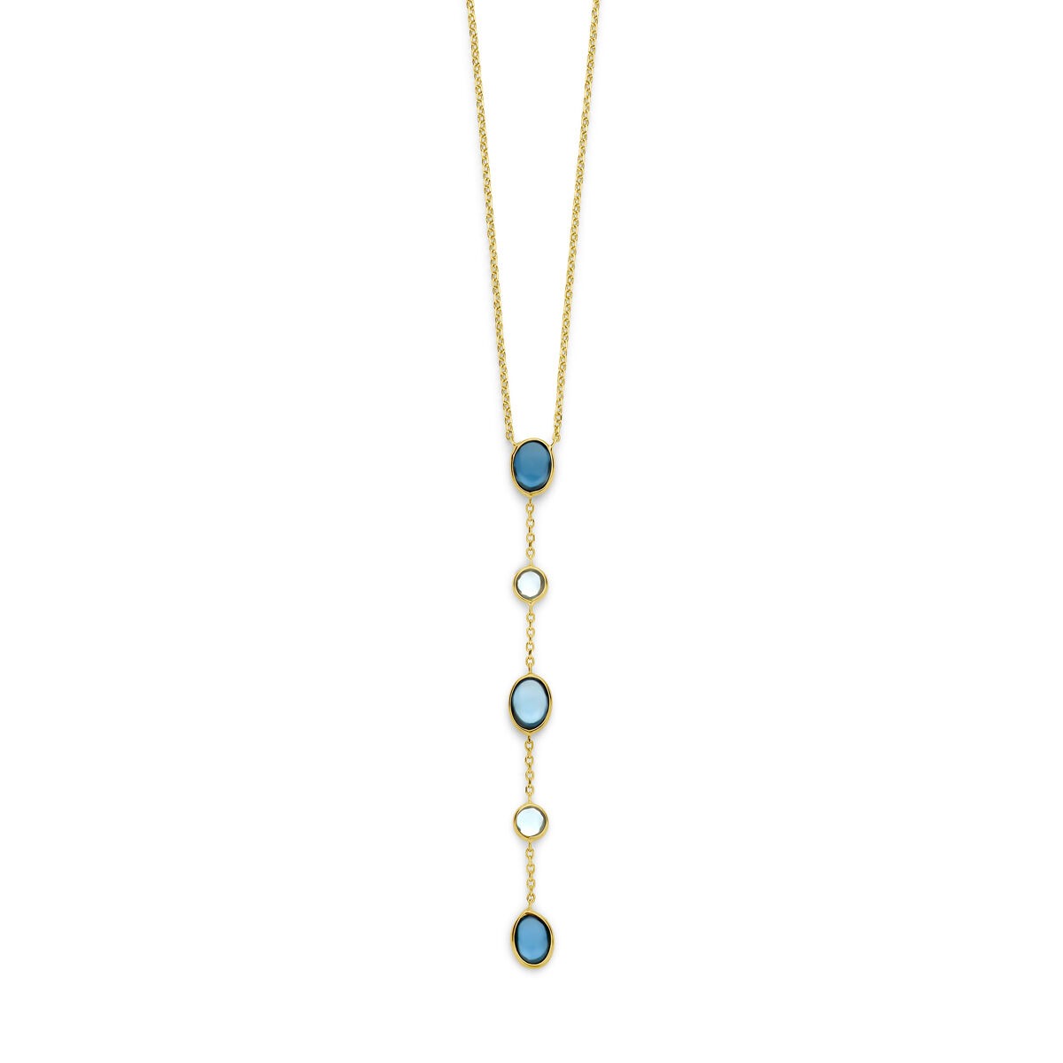 Złoty naszyjnik damski z London Blue i niebieskim topazem, długość 45-47 cm.