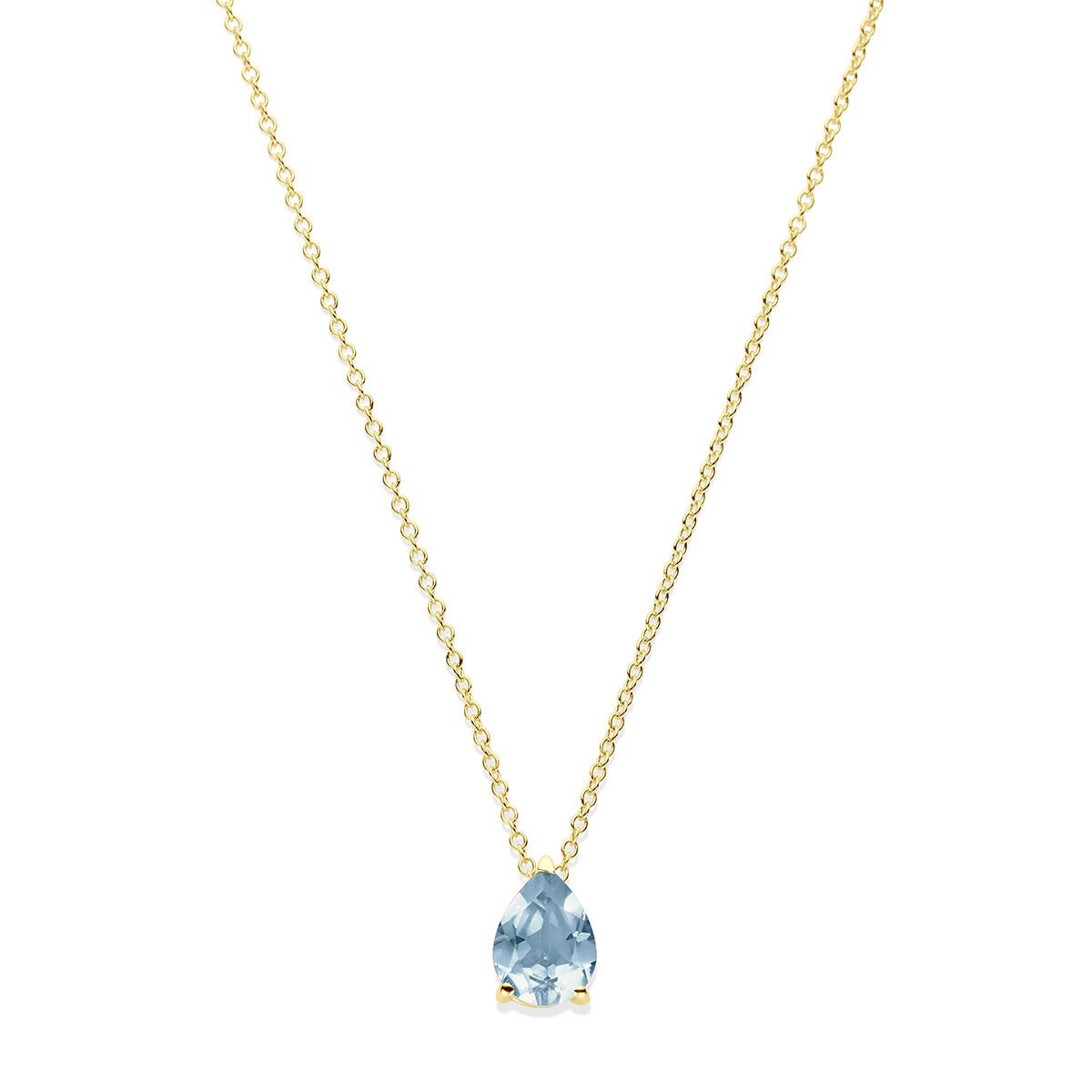 Geelgouden collier met een druppelvormige blauwe topaas, hangend aan een fijne ketting.