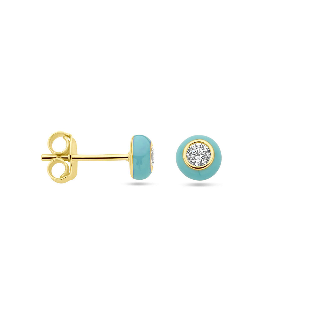 Vergulde zilveren oorknopjes met turquoise emaille en zirkonia