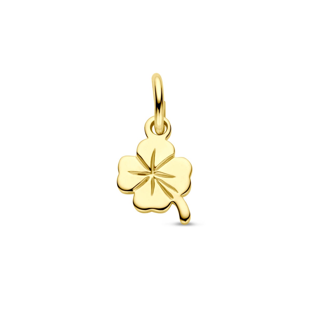 Geelgouden klavertje hanger met vier bladeren en een gladde afwerking.