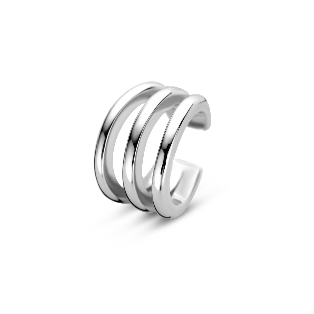 Srebrny ear cuff z trzech połączonych obręczy.