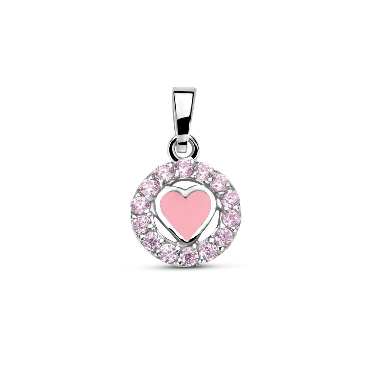 Zilveren hanger met een roze emaille hart omringd door zirkonia, diameter 15 mm.