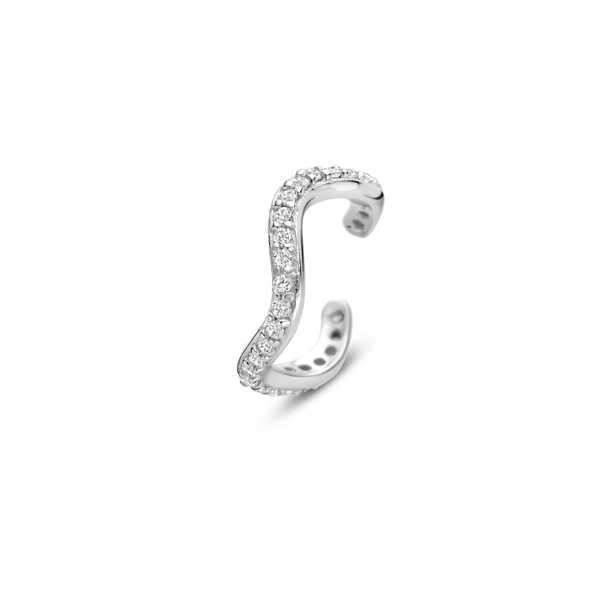 Srebrny ear cuff z cyrkoniami, gerhodynowany, w kształcie falistym.