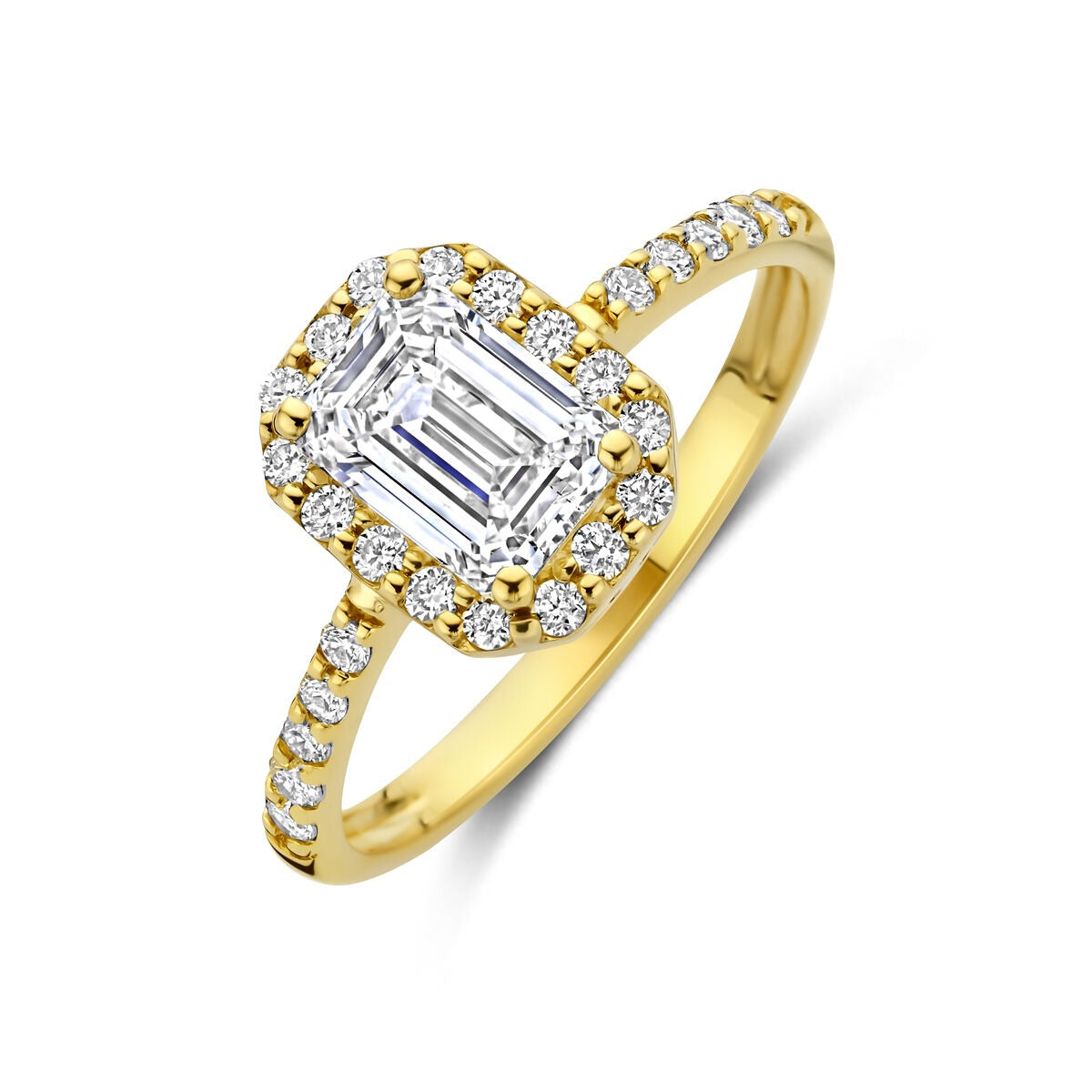 Pierścionek z 14-karatowego żółtego złota z diamentem w kształcie emerald i małymi diamentami.