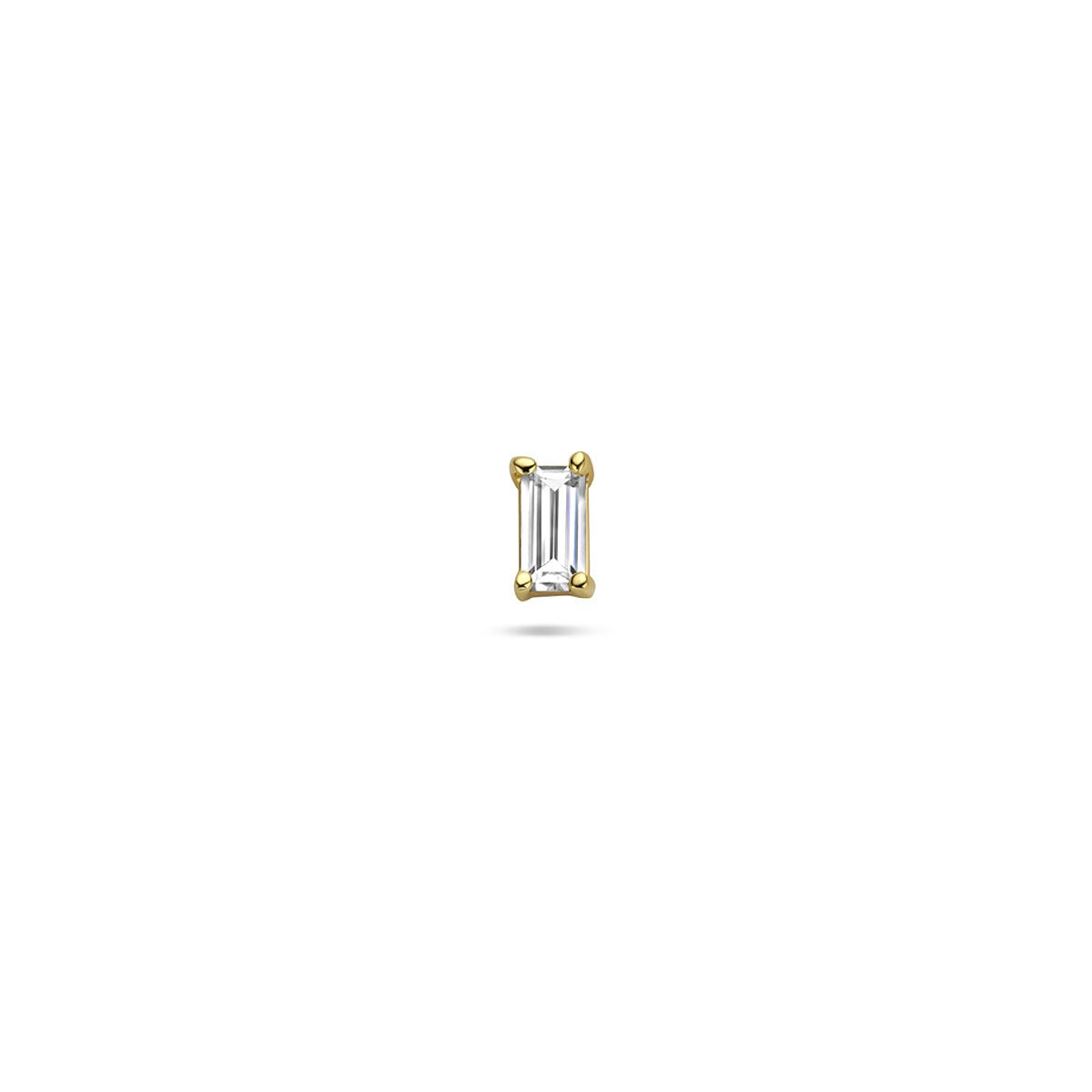 Verguld zilveren flat back piercing met baguette zirkonia in een rechthoekige vorm.