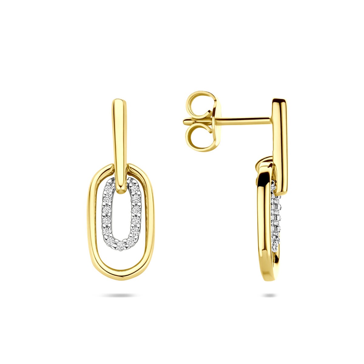 14k Bicolor kolczyki z diamentem – żółte i białe złoto, 0.08 ct, 20 mm wysokości