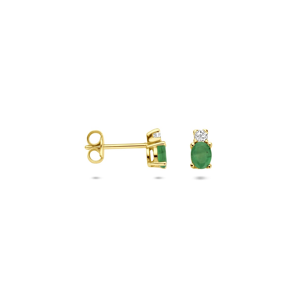 14k żółte złoto kolczyki wkrętki z szmaragdem i cyrkonią – 6 x 3 mm
