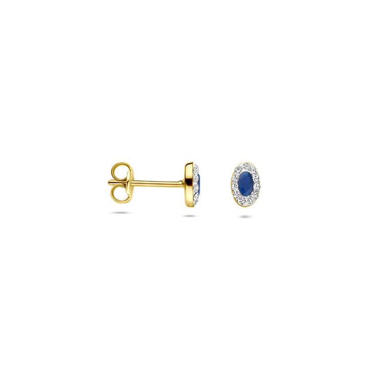 14k Geelgouden oorknoppen met synthetische saffier en Swarovski