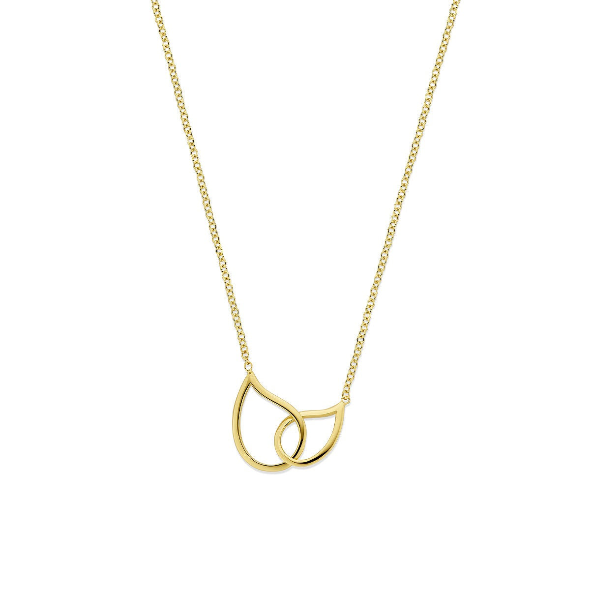 Gouden dames ketting van 14k geelgoud met dubbele druppelhanger in een verfijnde vorm.