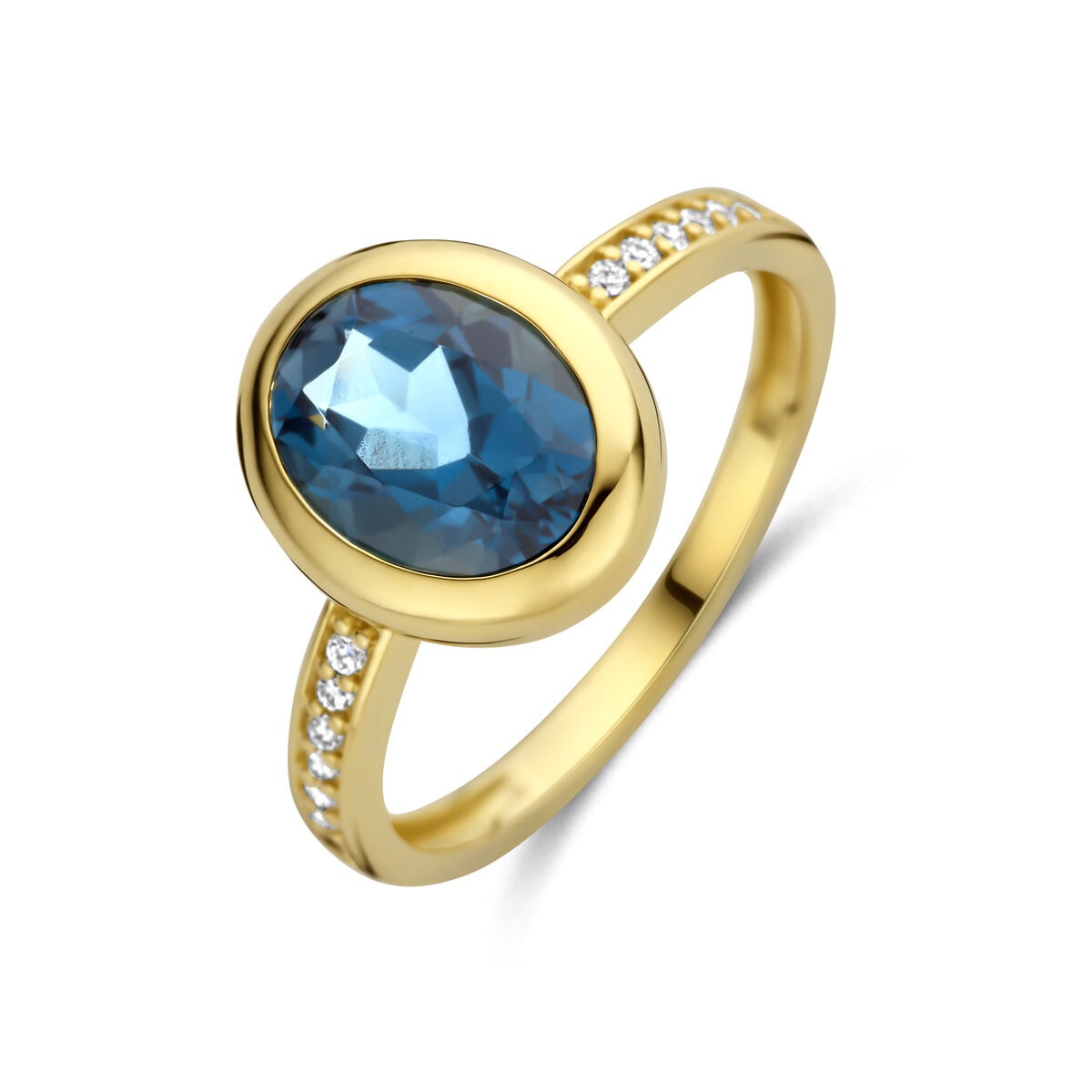 Złoty pierścionek damski z London Blue topazem i diamentami, 14k żółte złoto.