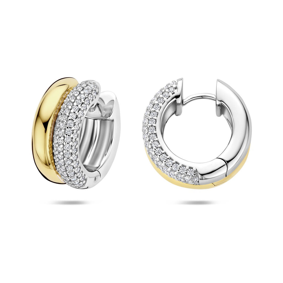 Verguld zilveren oorringen dames met zirkonia – bicolor klapoorringen 17.5 mm