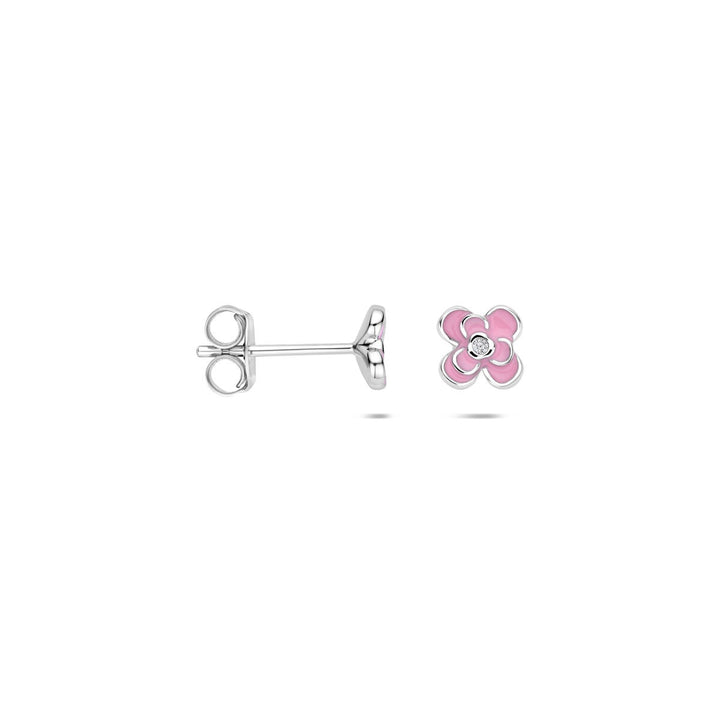 Zilveren oorknopjes met zirkonia en roze emaille – bloemdesign