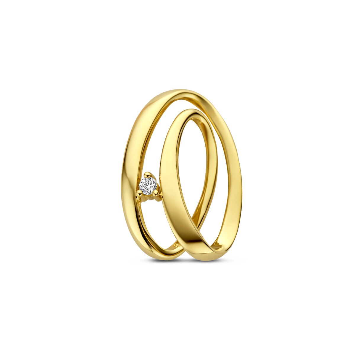 Gouden ring met een stralende diamant, uitgevoerd in 14k geelgoud en met een gladde afwerking.