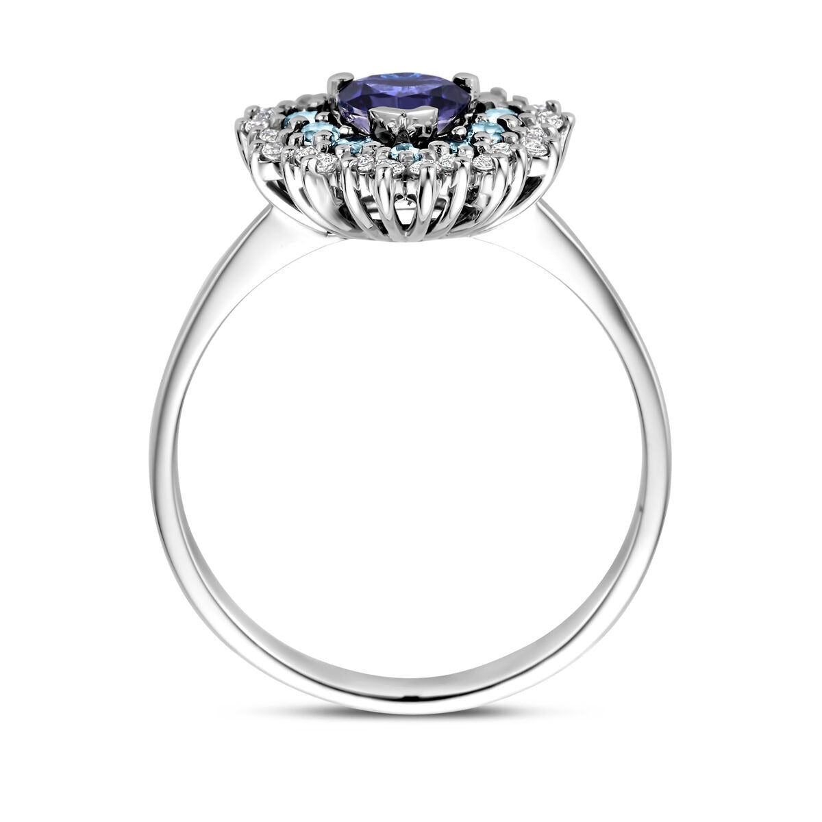 Pierścionek z białego złota w kształcie serca – topaz london blue, iolit i diament
