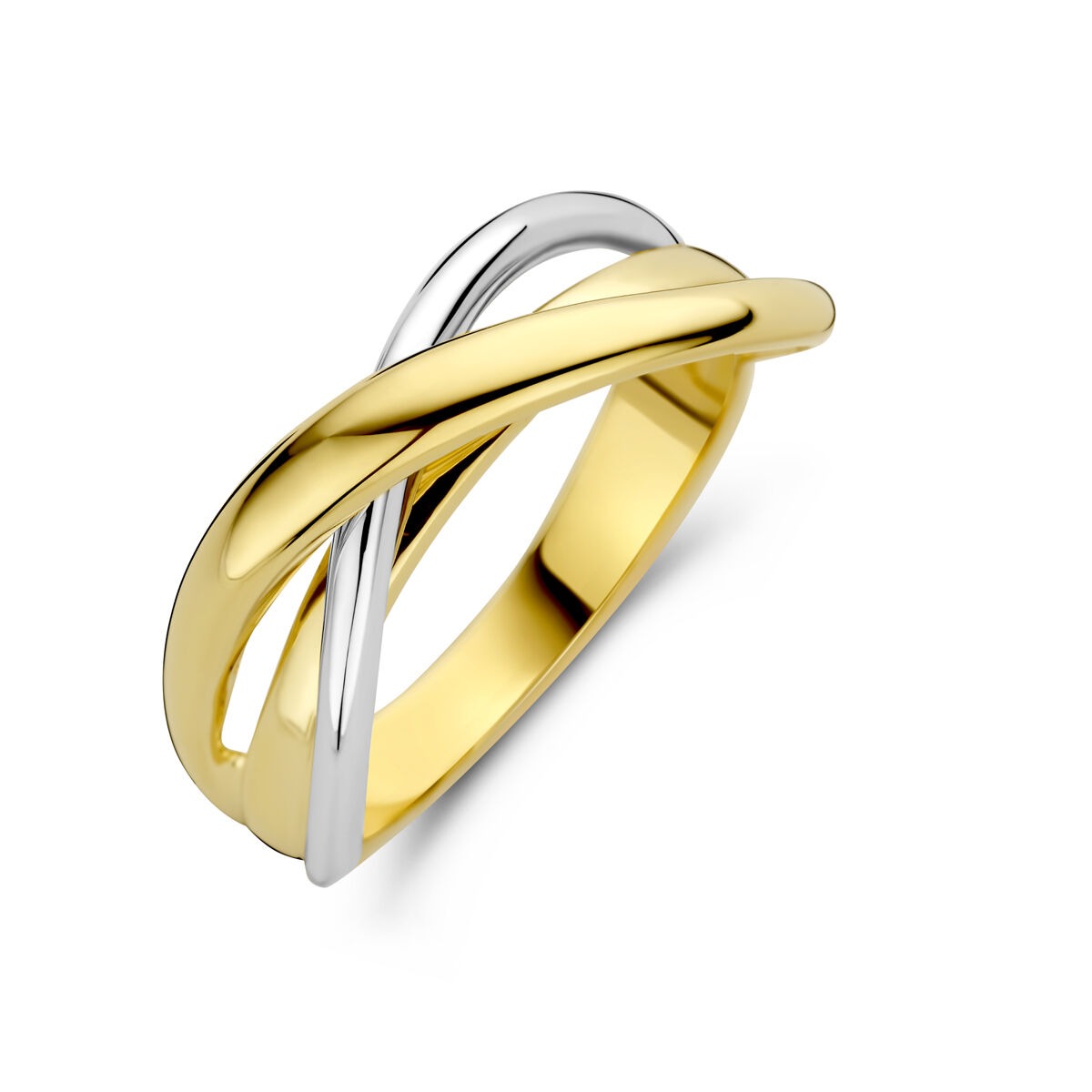 Bicolor damesring van 14k geel- en witgoud met een gedraaid ontwerp, 8,5 mm breed.