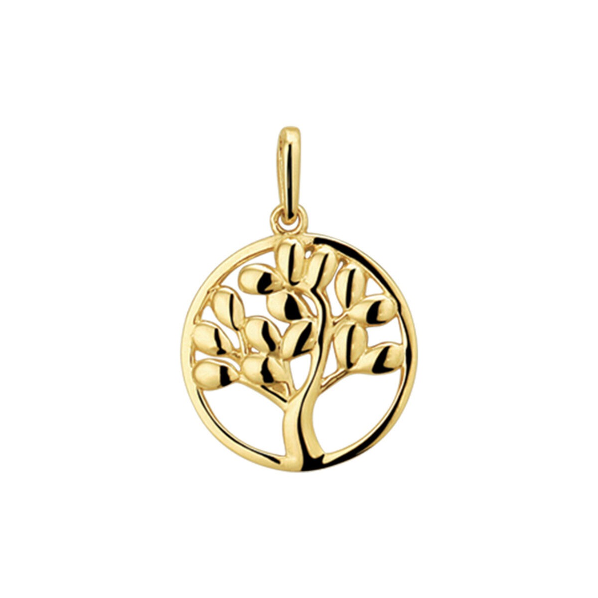 Geelgouden hanger in de vorm van een levensboom met een ronde omlijsting en gedetailleerde takken.