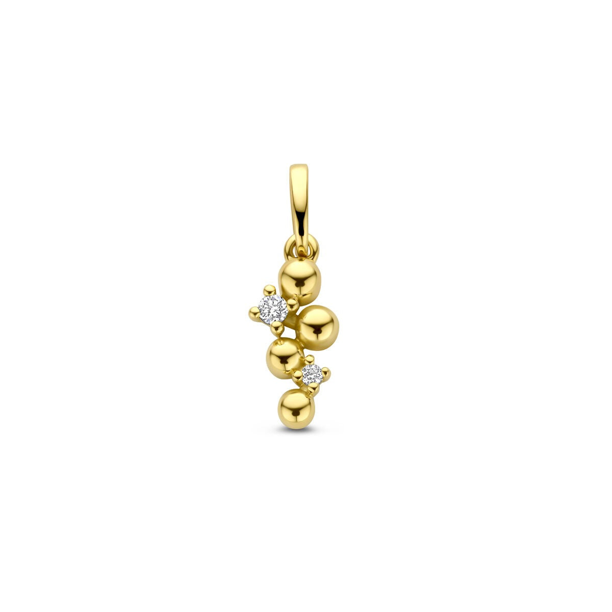 Gouden hanger van 14k geelgoud met drie diamanten in een speelse, bolvormige opstelling.