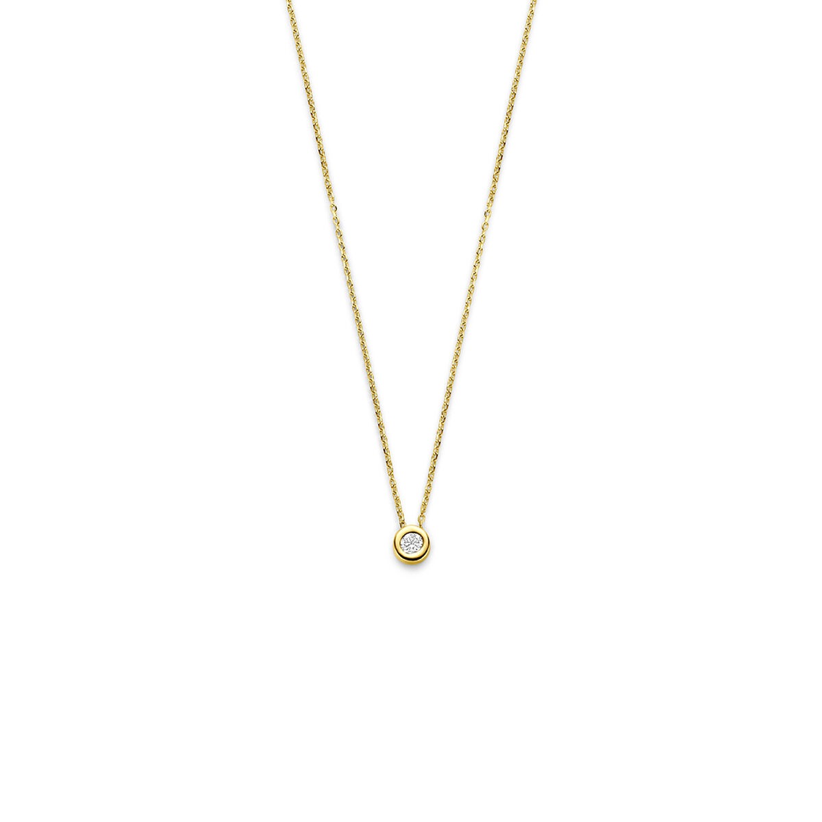 Gouden collier van 14k met een ronde zirkonia hanger in het midden.