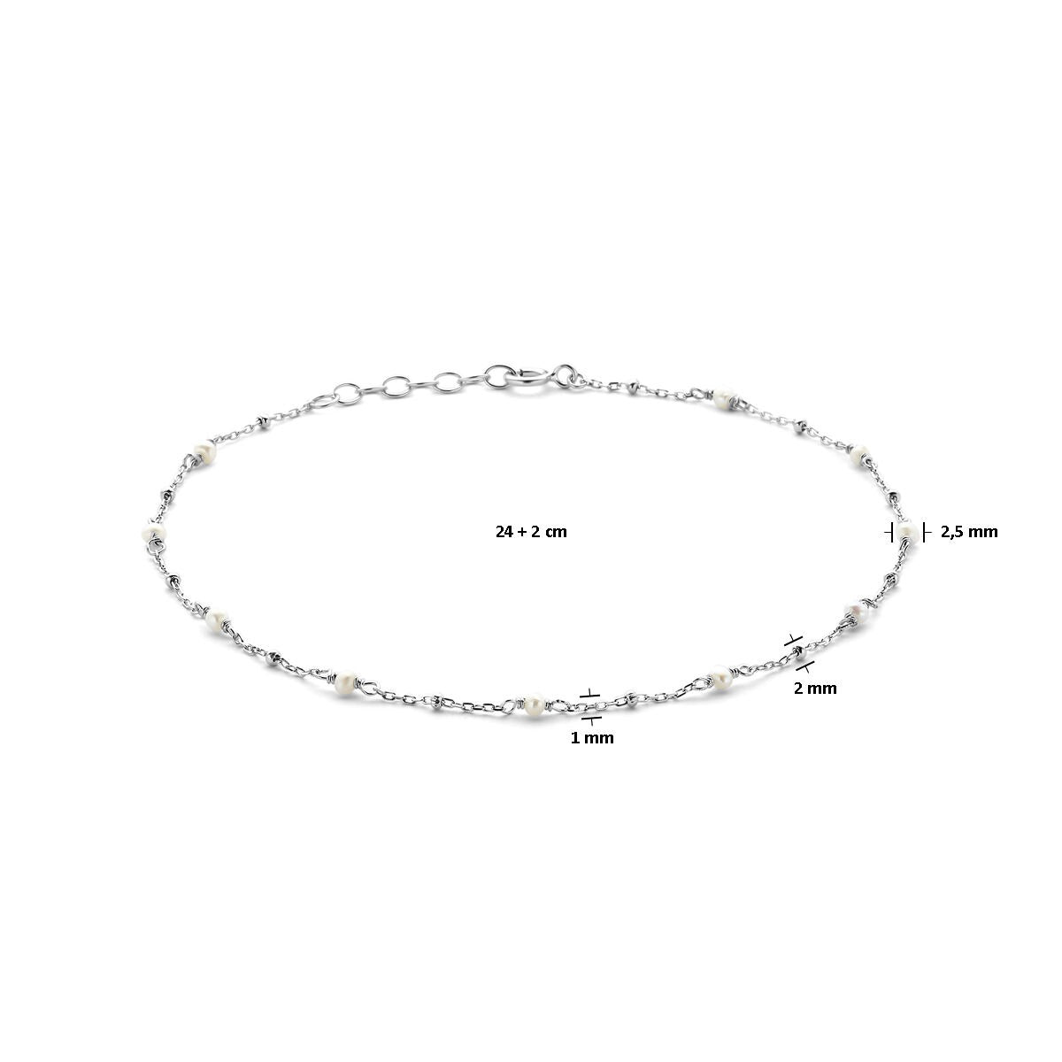 Srebrna bransoletka na kostkę z białą perłą – rodowana srebro 925, 24–26 cm