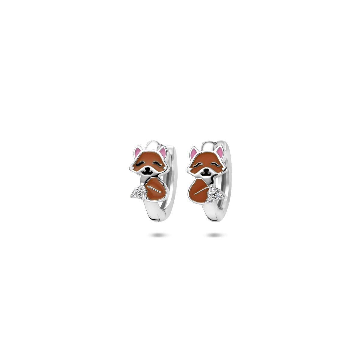 Srebrne kolczyki koła z emalią w kształcie lisa i cyrkonią – 11 x 5 mm.