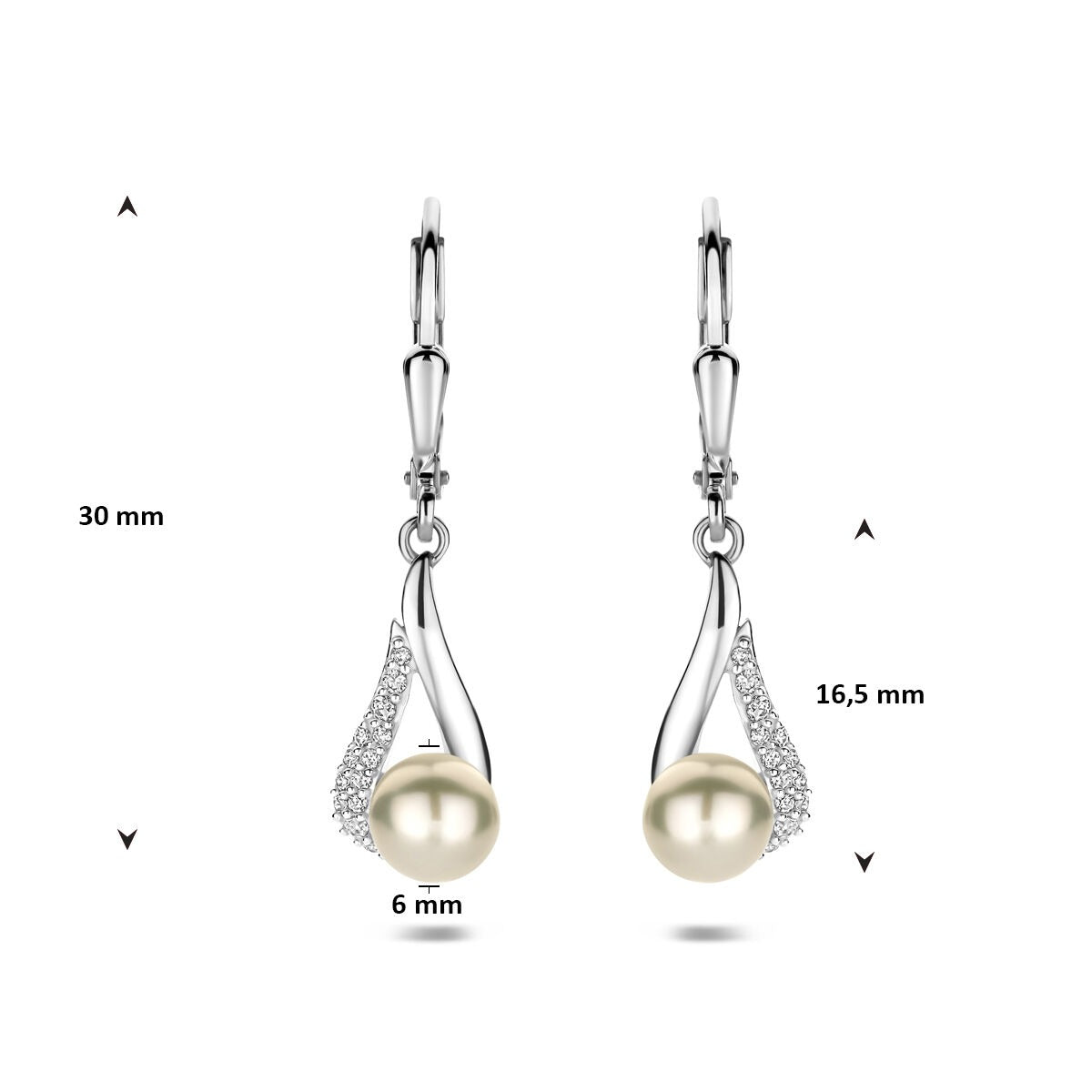 Srebrne kolczyki z perłą i cyrkonią – rodowane 925 srebro 30 mm