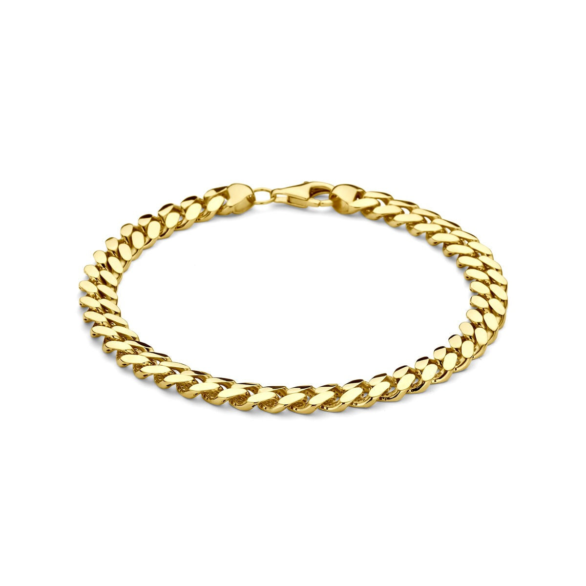 Gouden 14k gourmet armband met een stevige schakelstructuur en een glanzende afwerking.