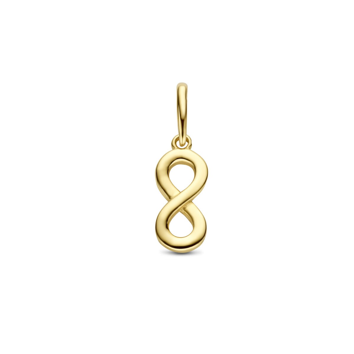 Gouden infinity hanger van 9k met een gladde, glanzende afwerking in de vorm van een liggend achtje.