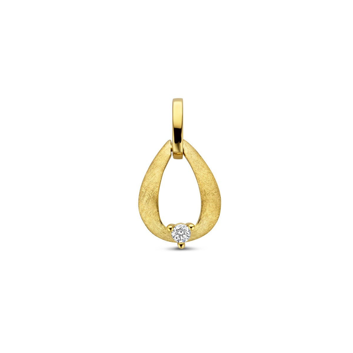 Geelgouden hanger in druppelvorm met een matte afwerking en een kleine diamant aan de onderzijde.