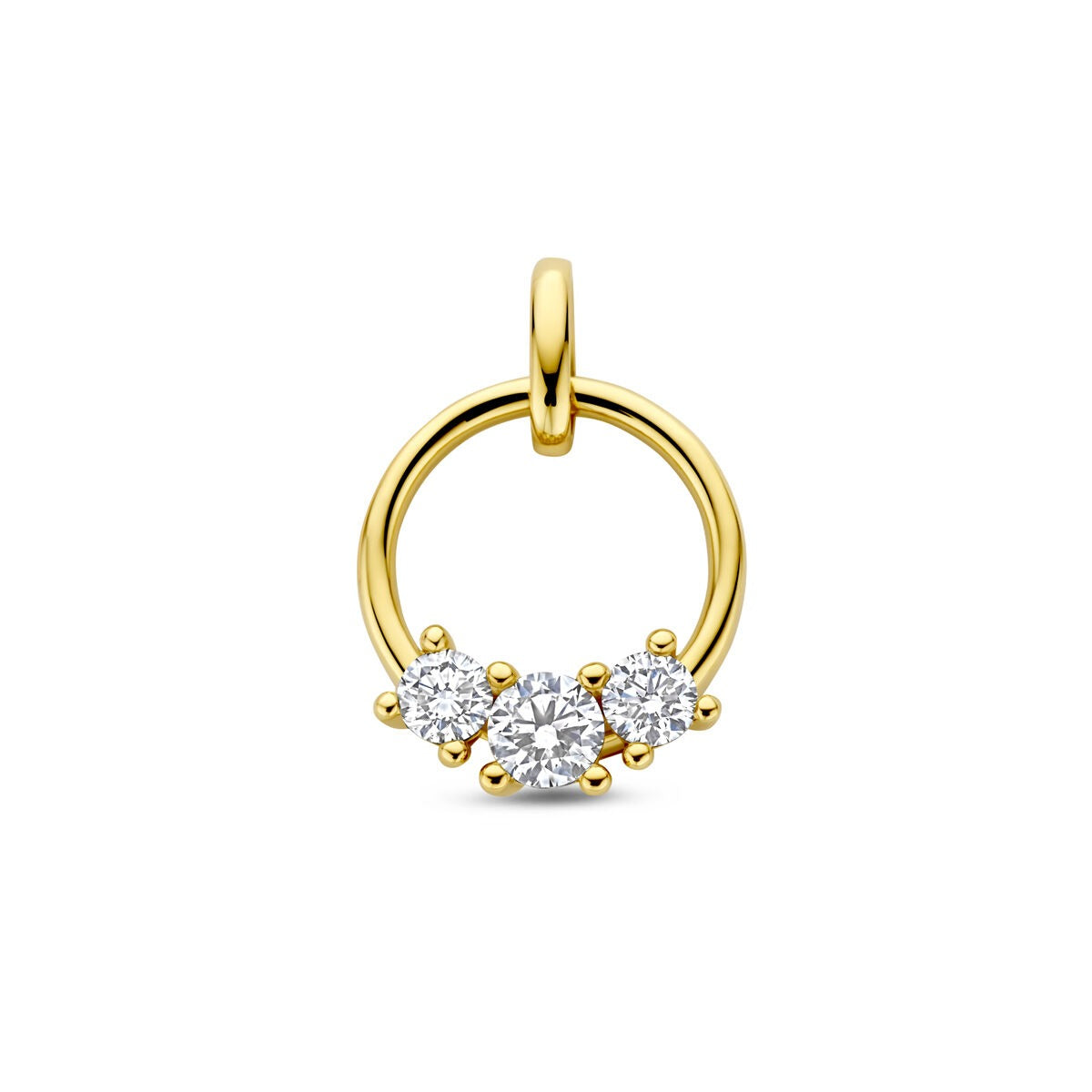 Geelgouden hanger met drie lab grown diamanten in een cirkelvormige setting.