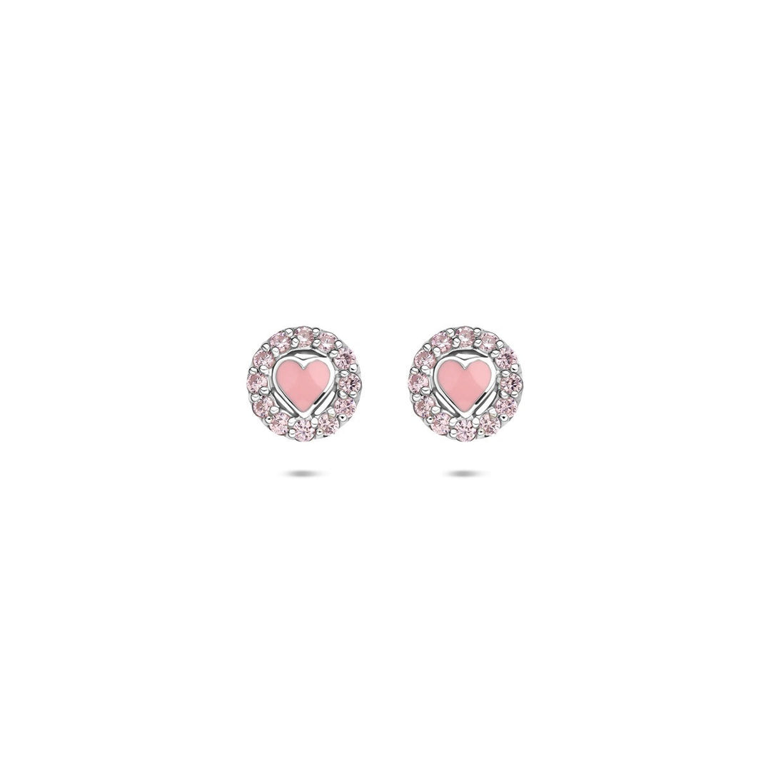 Zilveren oorknoppen met emaille hart en roze zirkonia – 7 mm