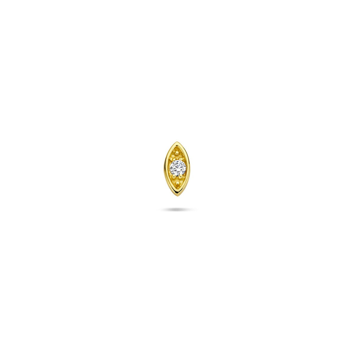 Verguld zilveren flat back piercing in de vorm van een boze oog met een heldere zirkonia in het midden.