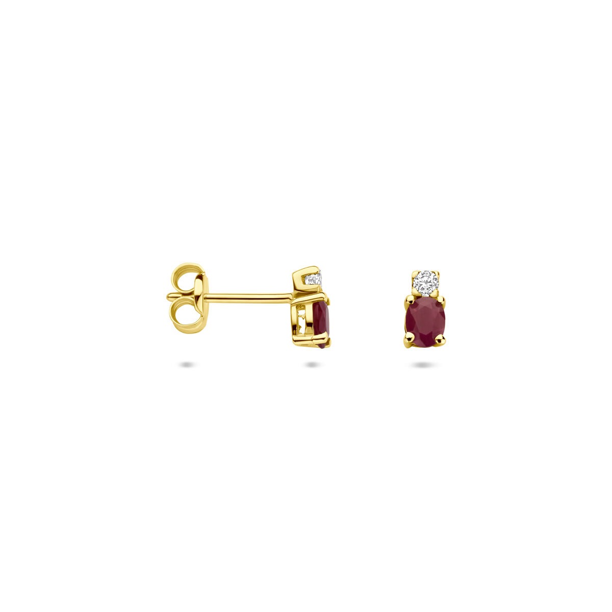 14k żółte złoto kolczyki wkrętki z rubinem i cyrkonią – 6 x 3 mm