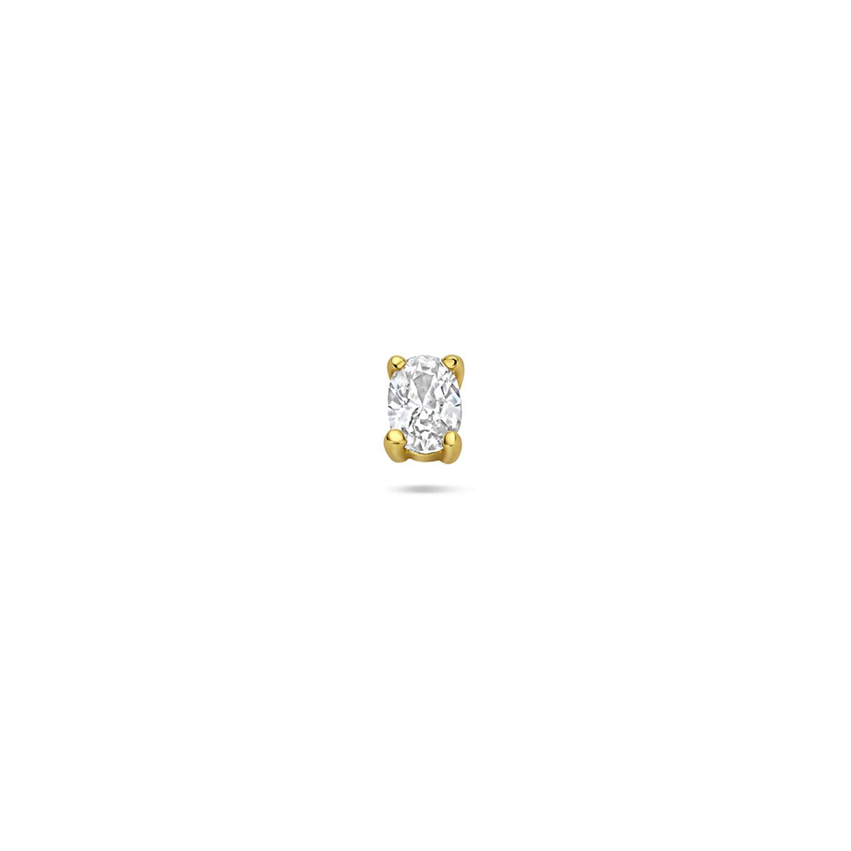 Verguld zilveren flat back piercing met een ovale, heldere zirkonia in een vierkante zetting.