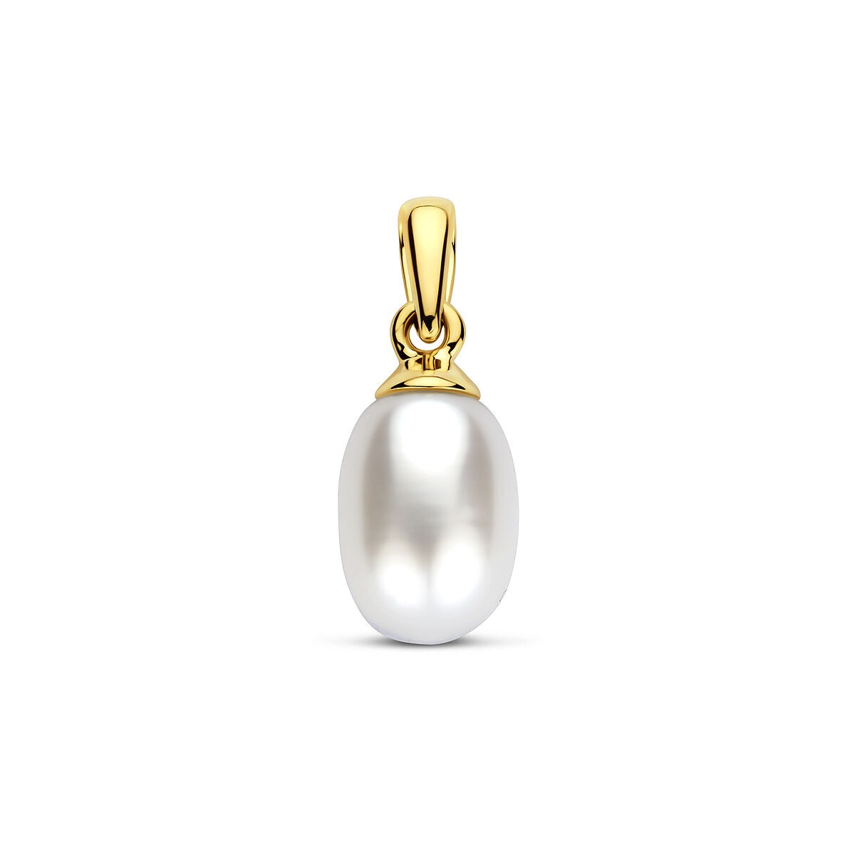Geelgouden hanger met een ovale, witte parel.