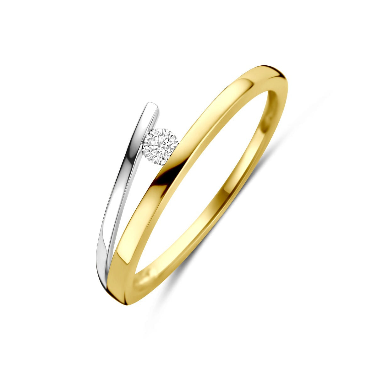 Bicolor gouden damesring van 14k geel- en witgoud met een kleine diamant aan de zijkant.