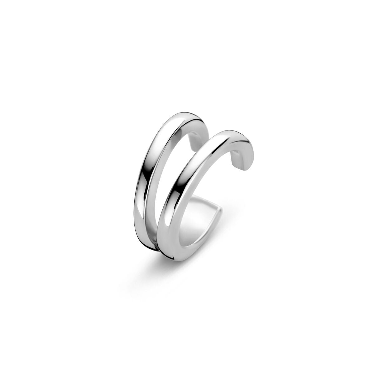 Srebrny ear cuff z podwójnym paskiem, gładki i błyszczący.