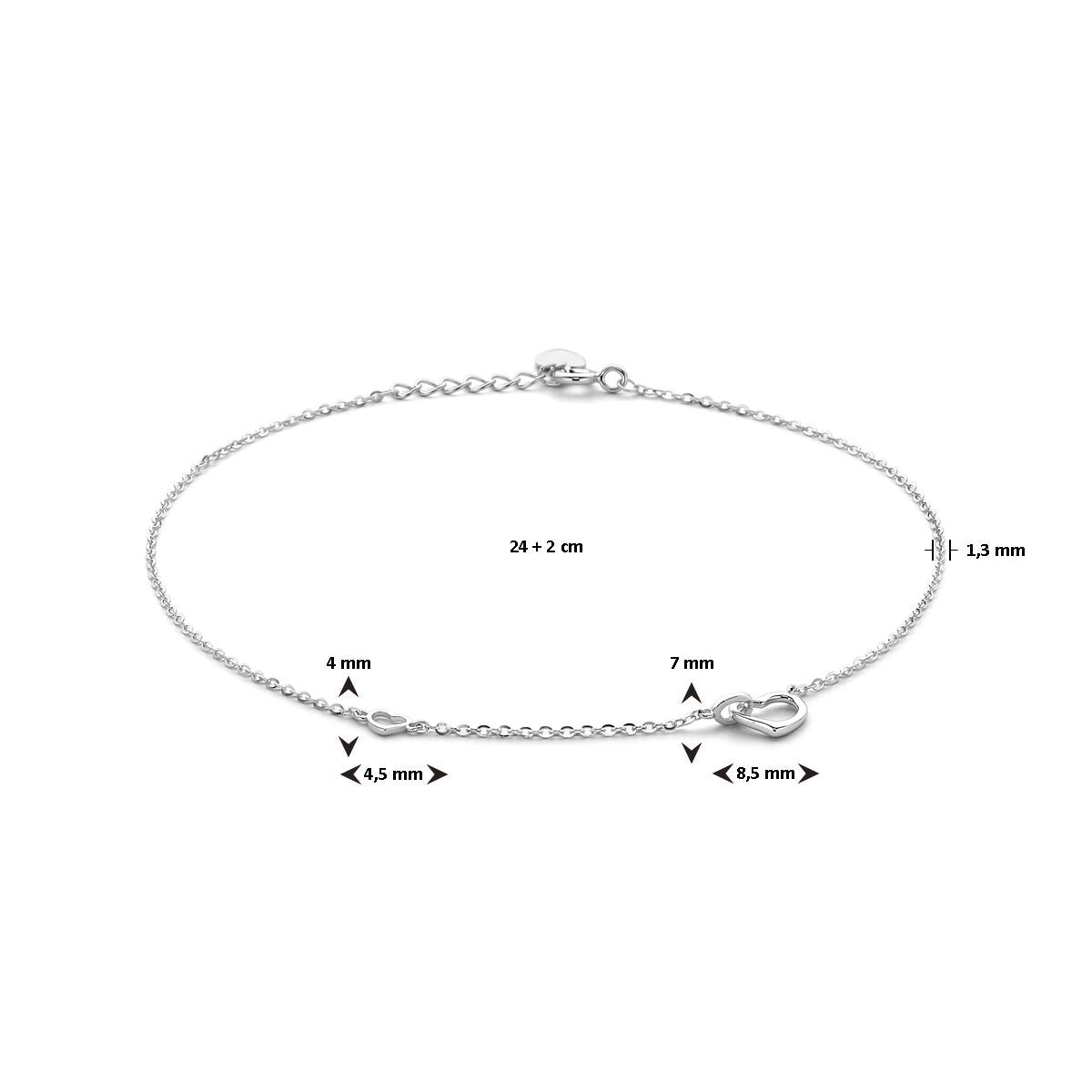 Srebrna bransoletka na kostkę z serduszkami – rodowana srebro 925, 24–26 cm