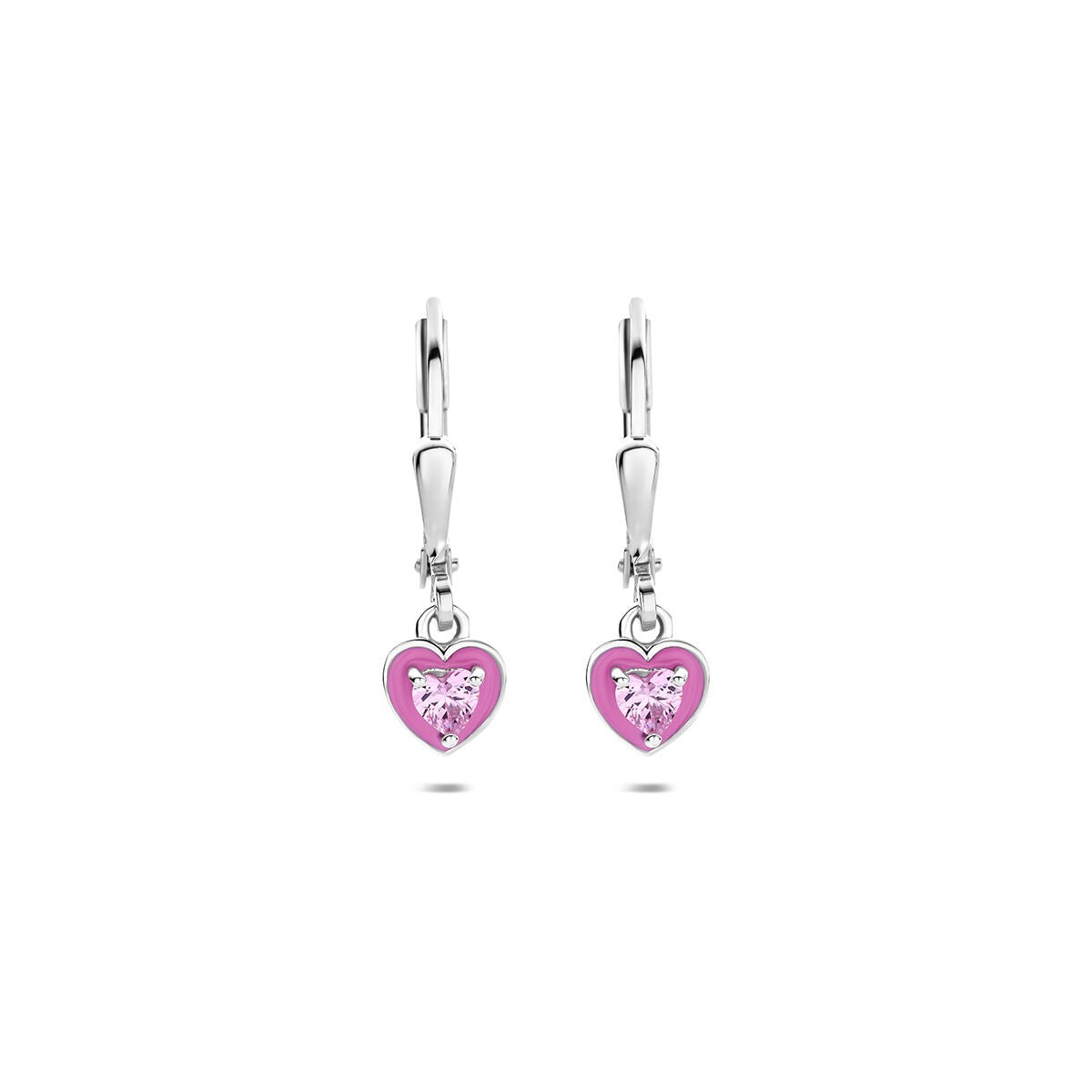 Gerhodineerd 925 zilveren hart oorhangers met roze emaille en zirkonia