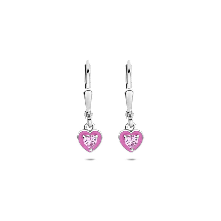 Gerhodineerd 925 zilveren hart oorhangers met roze emaille en zirkonia