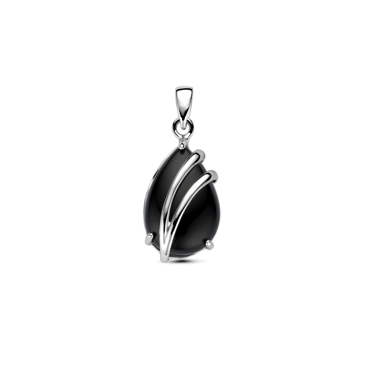 Zilveren hanger van gerhodineerd 925 zilver met een peervormige onyx en sierlijke metalen details.