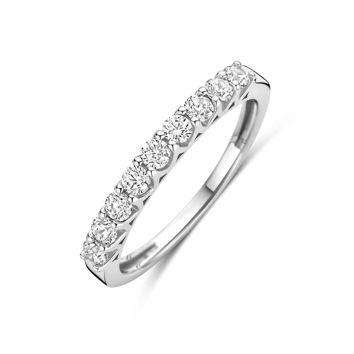 Gerhodineerde zilveren alliance ring met een rij van heldere zirkonia stenen.