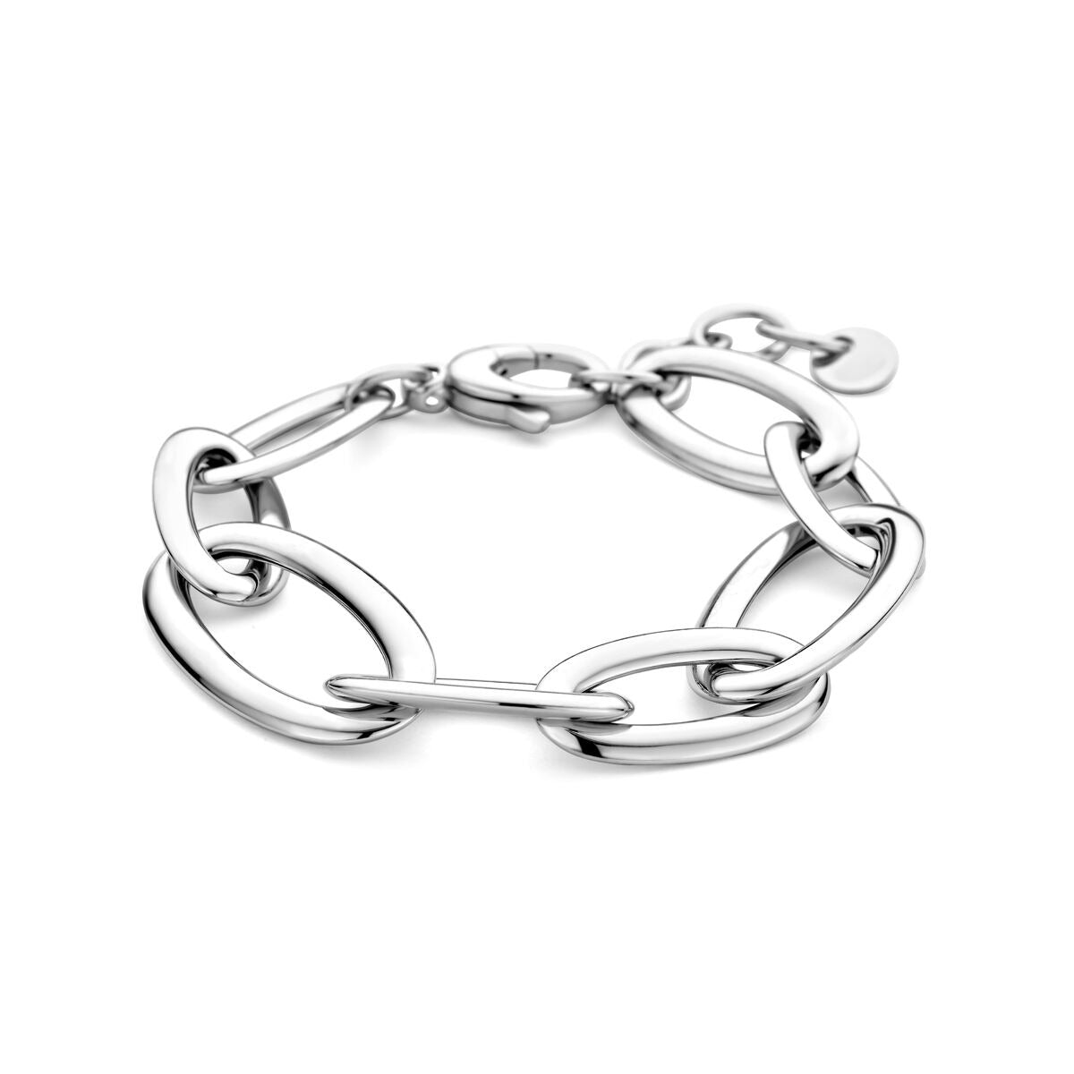 Srebrna bransoletka z szerokimi ogniwami łańcucha, pokryta rhodium.