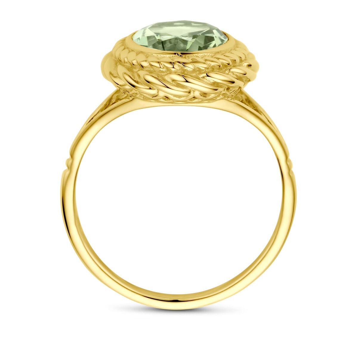 Gouden ring van 14k met een groene amethist in entourage zetting en een gevlochten band.