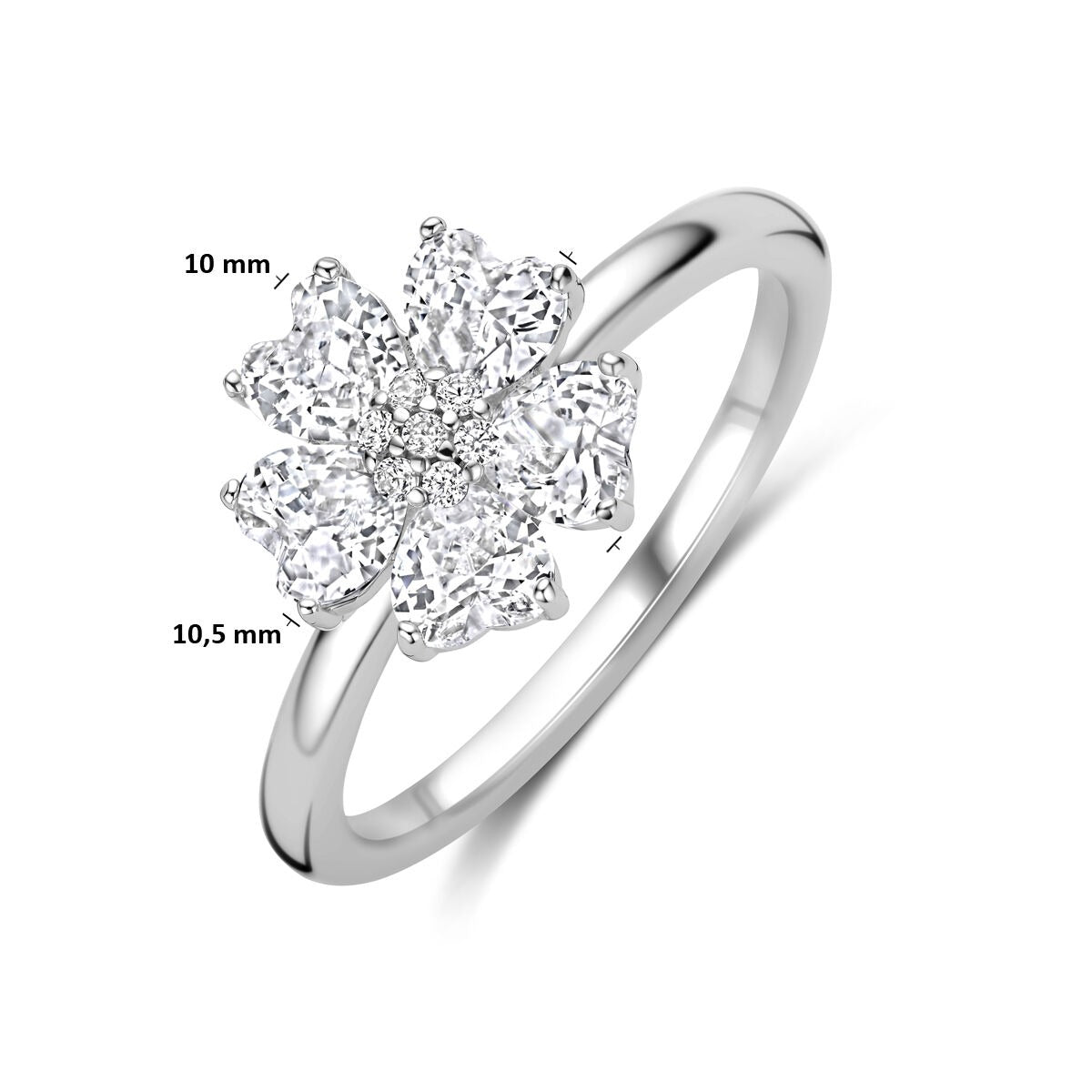 Rodowany srebrny damski pierścionek z sercową cyrkonią – 10 x 10,5 mm